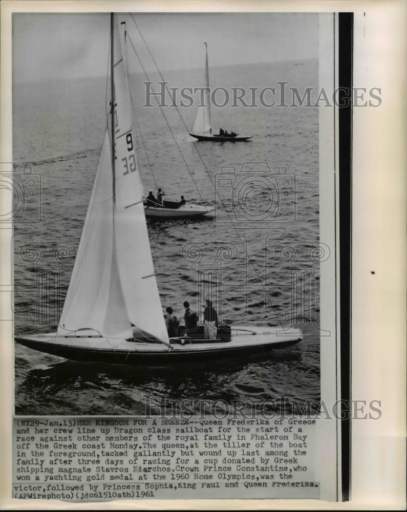 1961 Queen Frederika of Greece & crew prepares for royal race - Historic Images