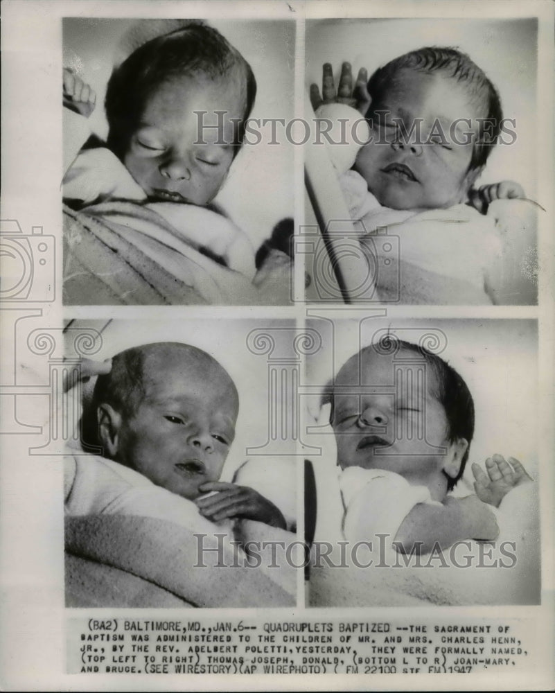 1947 Press Photo Mr &amp; Mrs Charles Henn Jr&#39;s quadruplets baptized - cvw20610 - Historic Images