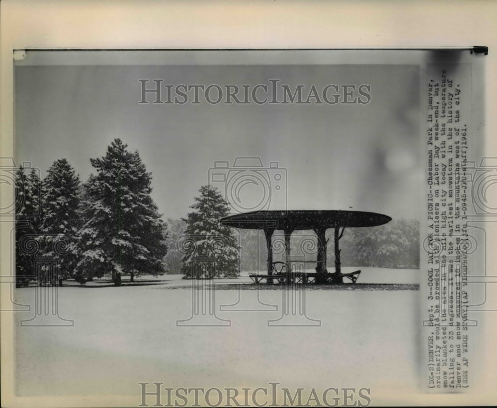 1961 Press Photo View of snow covered Cheesman Park in Denver - cvw20769 - Historic Images