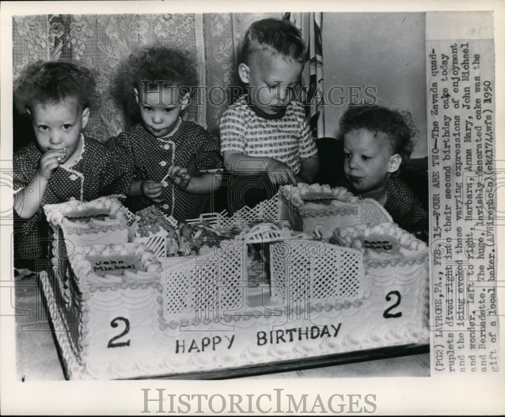 1950 Press Photo The Zavada quadruplets celebrate 2nd birthday in Latrobe, Pa - Historic Images