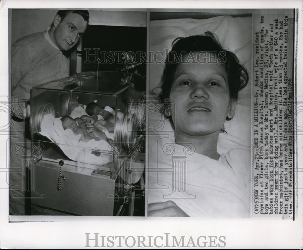 1956 Mrs. Medina &amp; her quadruplets at Flower Fifth hospital in N.Y. - Historic Images