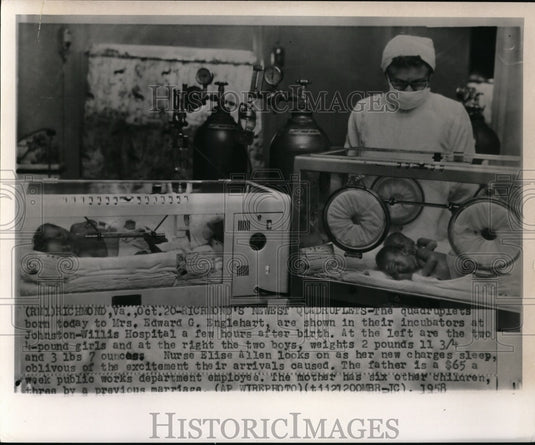 1958 Mrs. Edward G. Englehart's quadruplets in the hospital - Historic Images