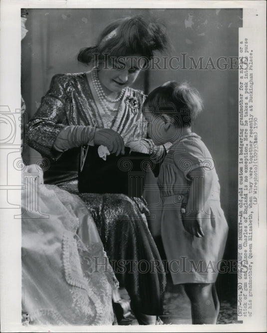 1950 Prince Charles & grandmother Queen Elizabeth, Buckingham Palace - Historic Images