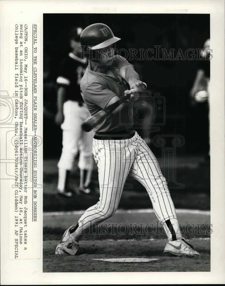1991 Press Photo Massillon Tigers Rob Jacquet at bat at Malone College field - Historic Images