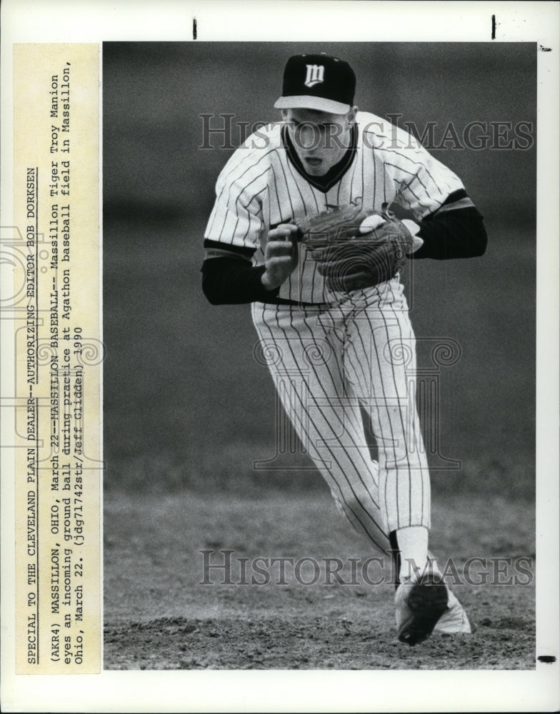 1990 Press Photo Massillon TigersTroy Manion at Agathon baseball field, Ohio - Historic Images