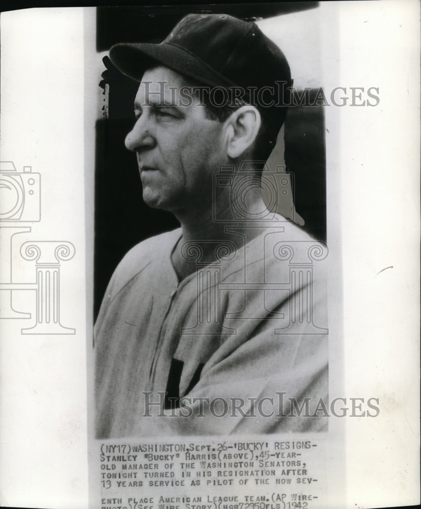 1942 Press Photo Stanley Bucky Harris, Manager Washington Senators- Resigns-Historic Images