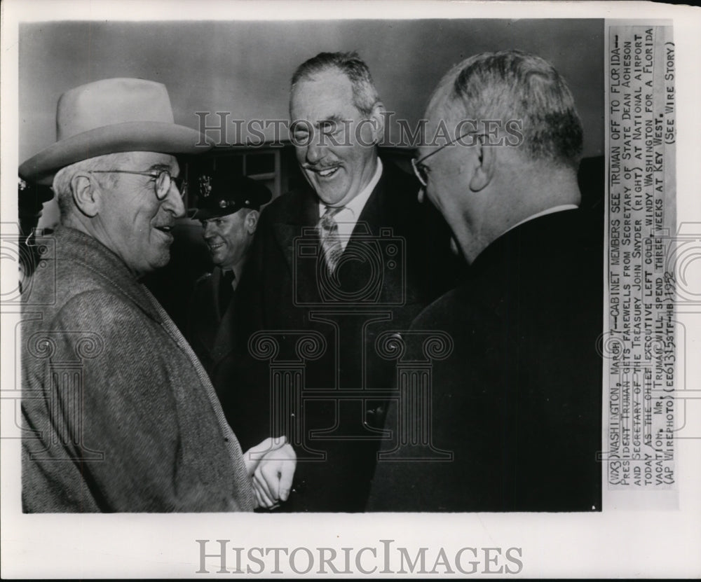 1952 Press Photo Pres. Truman farewells Secs. Dean Acheson &amp; John Snyder - Historic Images