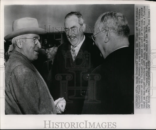 1952 Press Photo Pres. Truman farewells Secs. Dean Acheson & John Snyder - Historic Images