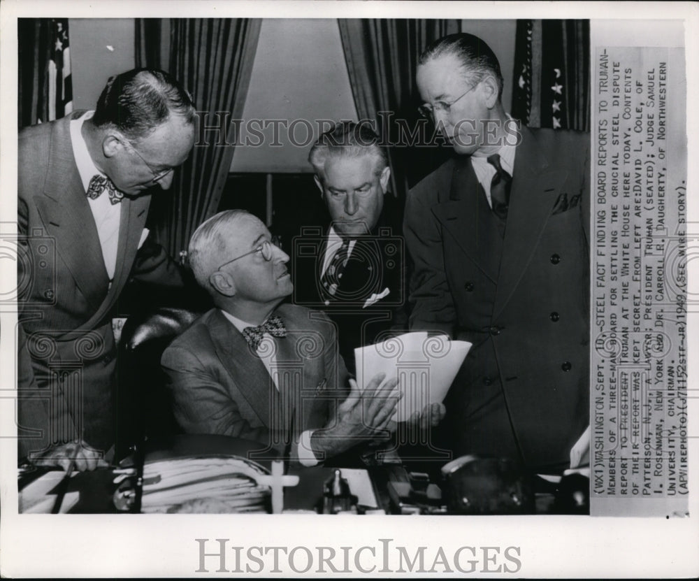 1949 Press Photo Pres. Truman &amp; three-man board settle crucial steel dispute - Historic Images