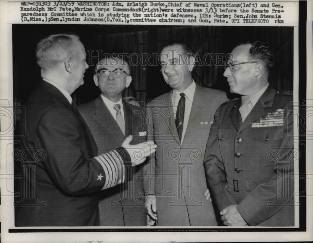 1959 Press Photo Defense Officials chat with the Senators at the Senate Meeting - Historic Images