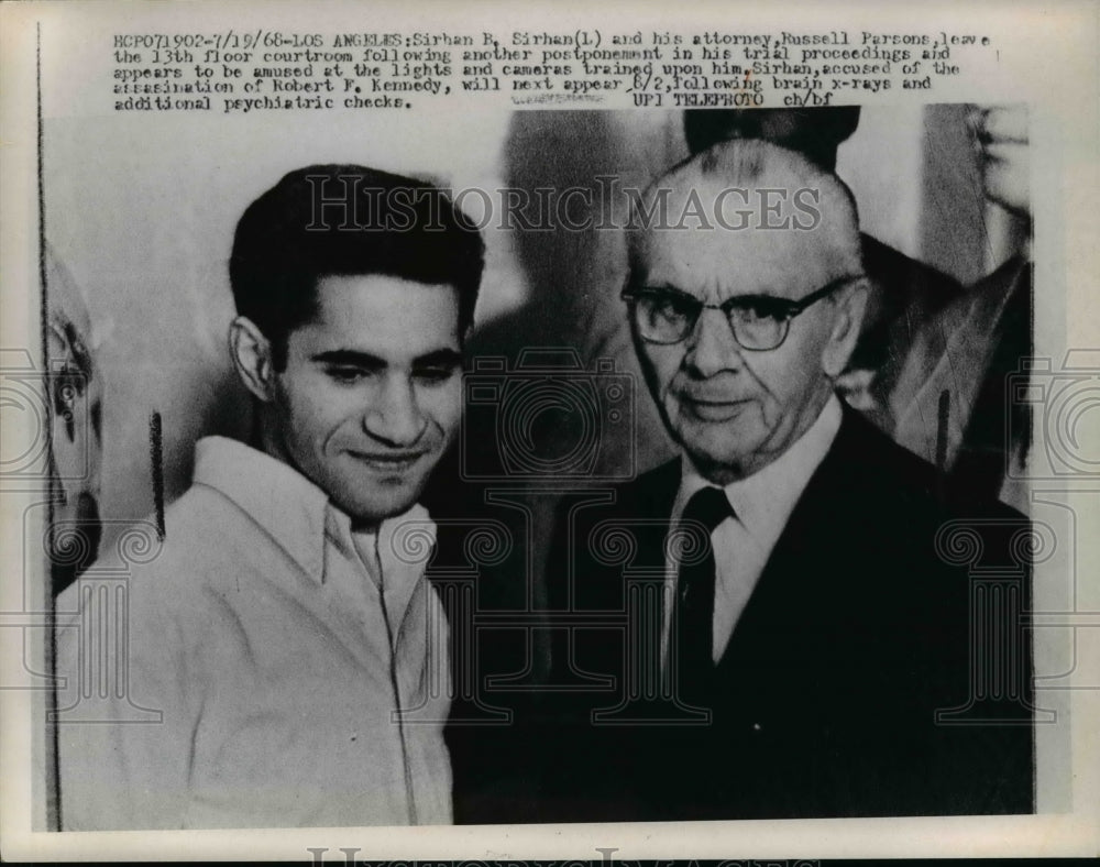 1968 Press Photo SB Sirhan &amp; Atty Russell Parsons leave courtroom in Los Angeles - Historic Images