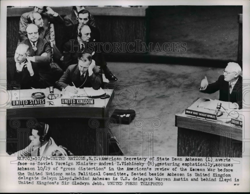 1952 Press Photo Sec of State Dean Acheson face off w/ Andrei Y Vishinsky at UN - Historic Images