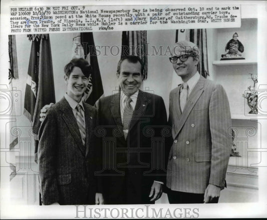 1970 Press Photo Pres Nixon w/Gary Traube & Gary Hubler,outstanding carrier boys - Historic Images