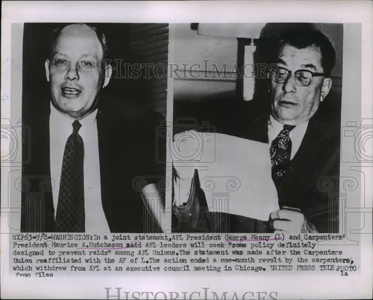 1953 Press Photo George Meany & Maurice A Hutcheson- re-affiliate labor ties - Historic Images