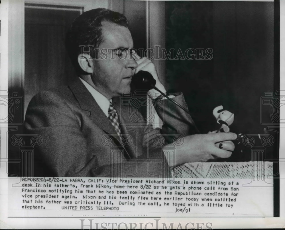 1956 Press Photo VP Richard Nixon talking to his father over the phone - Historic Images