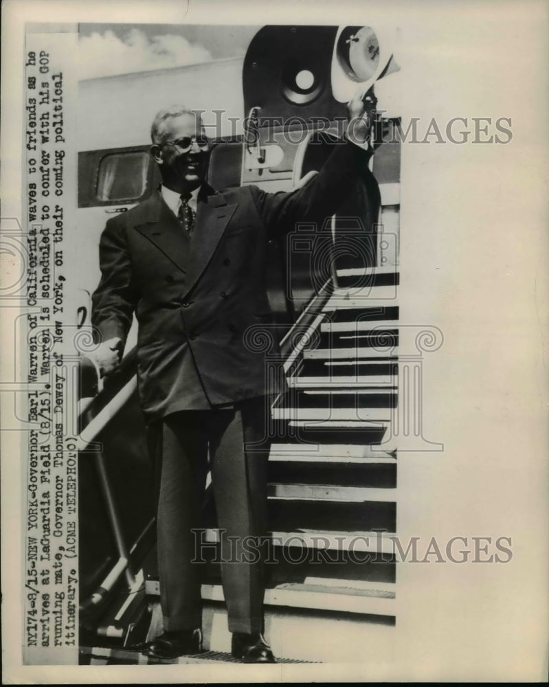 1948 Press Photo Earl Warren Arriving At LaGuardia Field For Political Itinerary-Historic Images