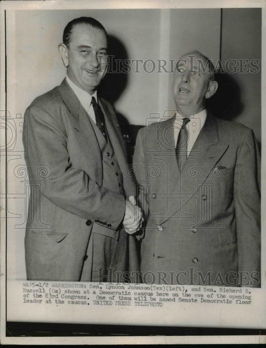 1953 Sen  Lyndon Johnson & Sen Richard B Russell, Democratic Caucus - Historic Images