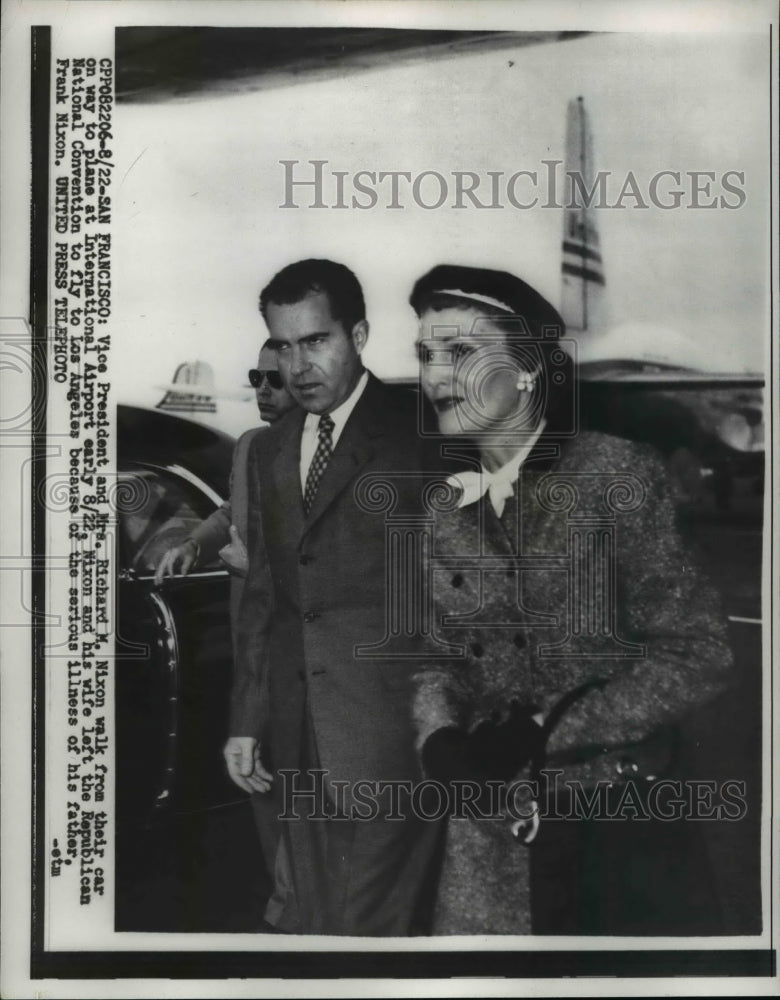 1956 Press Photo VP &amp; Mrs Richard, en route ailing father in Los Angeles - Historic Images