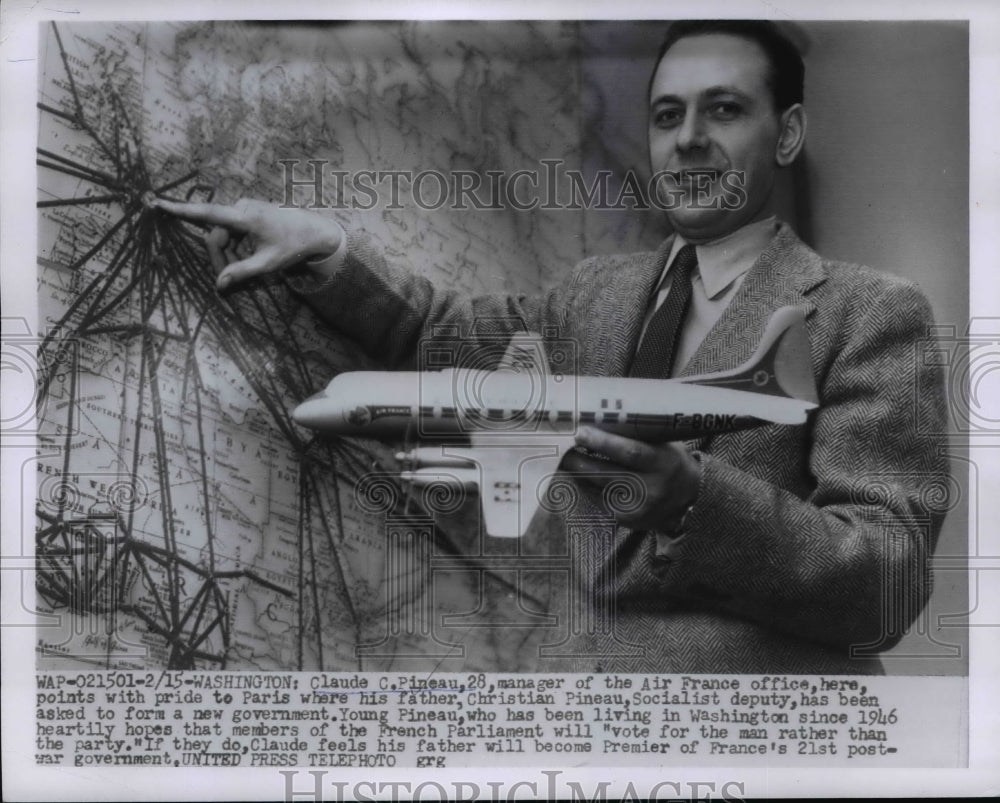 1955 Press Photo Claude C Pineau, 28, manager of the Air France office in Wash - Historic Images