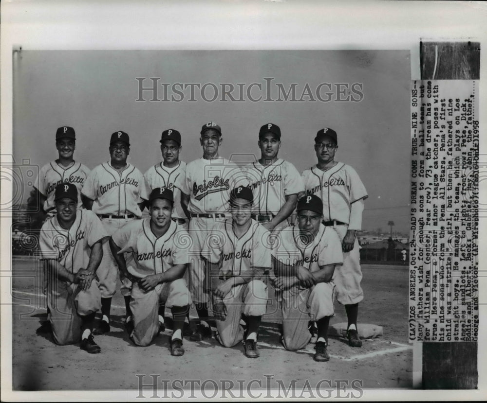 1958 Press Photo William Pena poses with his nine sons who form Pena All Stars - Historic Images