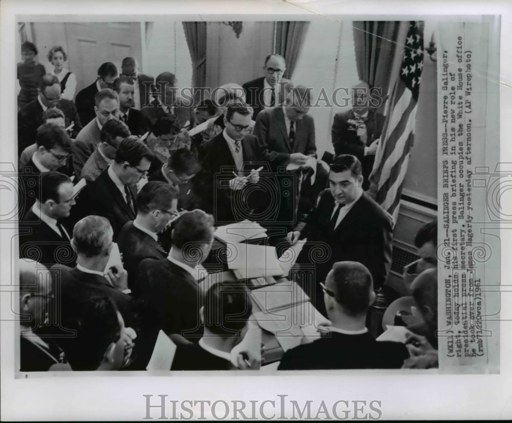 1961 Pierre Salinger, holds a press conference about his new role. - Historic Images