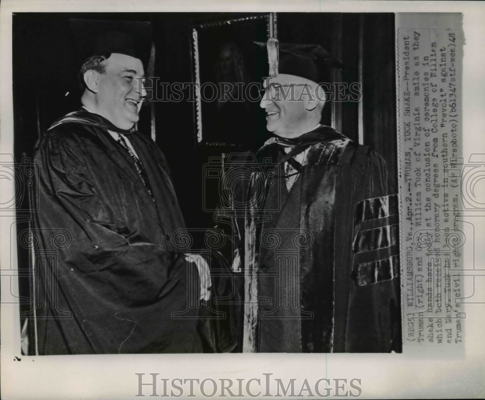 1948 Pres. Truman shakes hands with Gov. William Tuck, Williamsburg - Historic Images