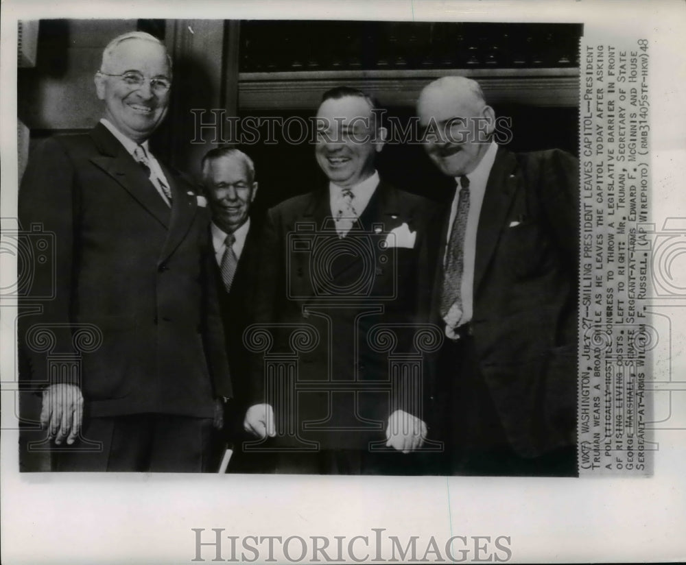 1948 Press Photo President Harry S Truman leaving the Capitol in Washington - Historic Images