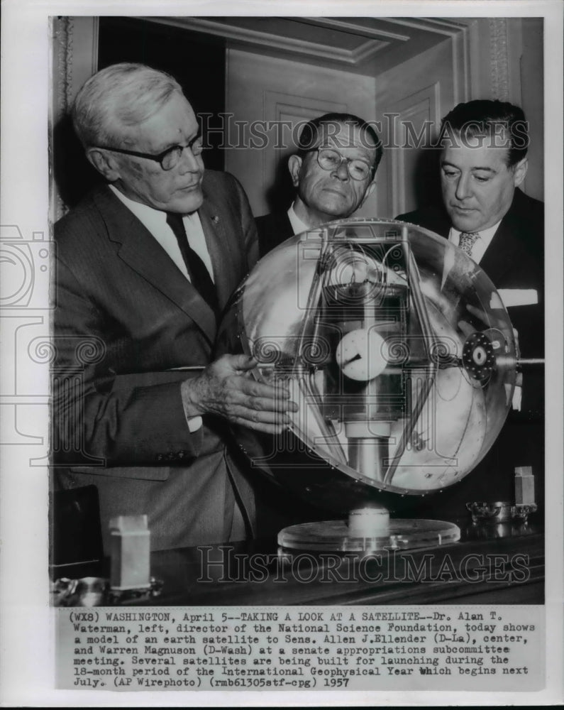 1957 Press Photo Dr. AT Waterman shows earth satellite to Ellender &amp; Magnuson-Historic Images