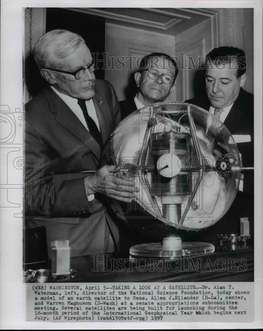 1957 Press Photo Dr. AT Waterman shows earth satellite to Ellender & Magnuson-Historic Images