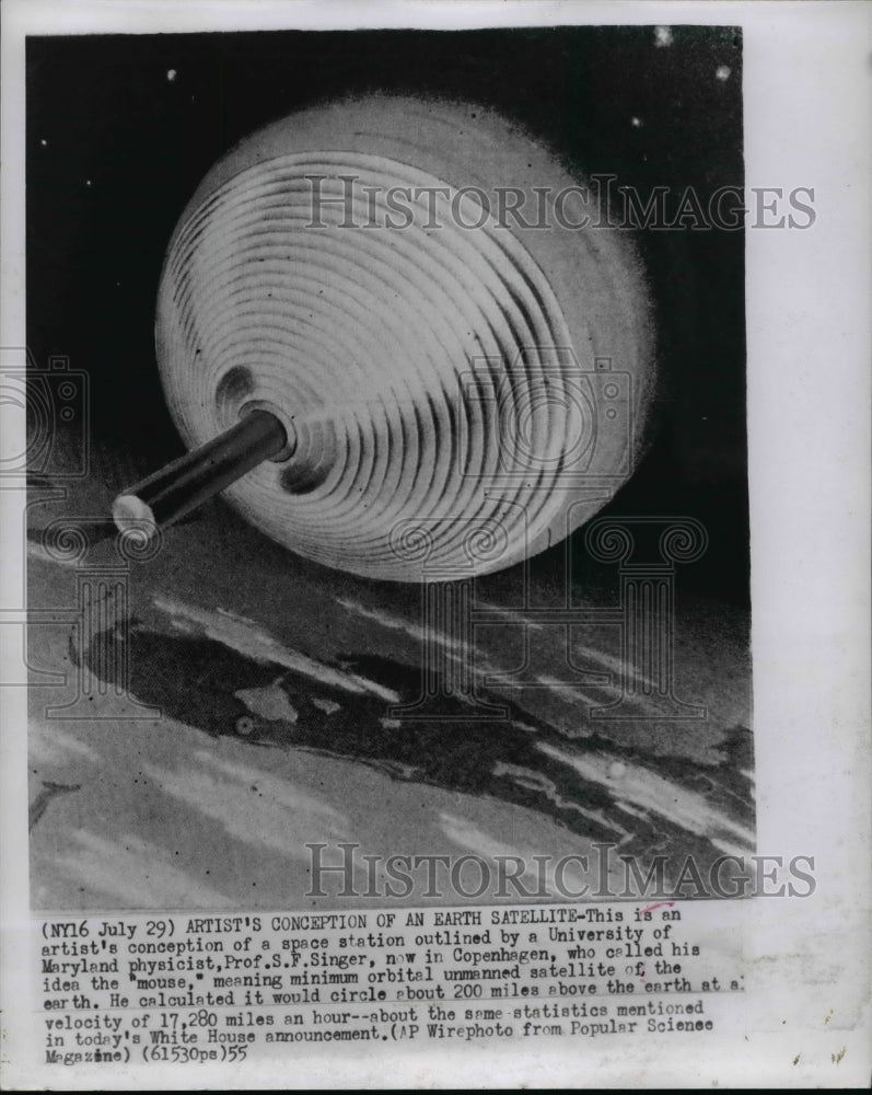 1955 Press Photo Artist's conception of space station outlined by Prof SF Singer - Historic Images