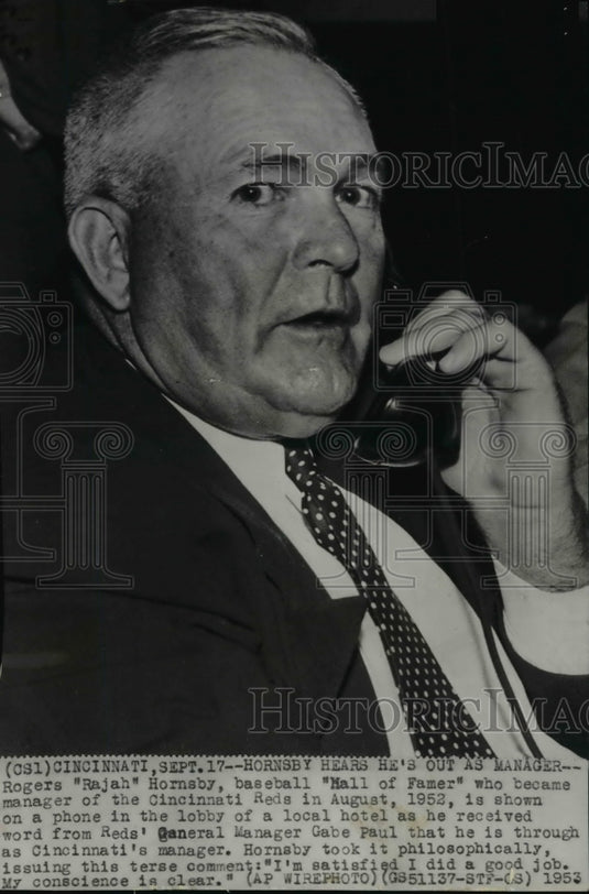 1953 Rogers Hornsby, baseball Hall of Famer, Red's ex manager - Historic Images