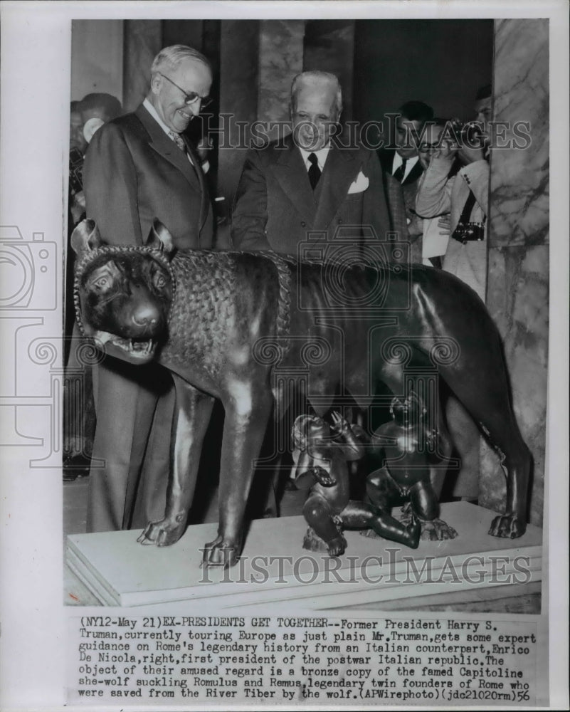 1956 Press Photo Former President Harry S Truman w/ Pres Enrico De Nicola, Italy - Historic Images