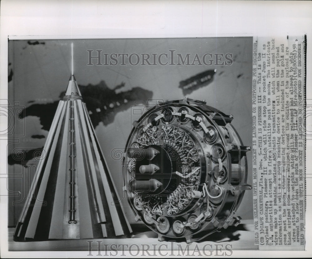 1958 Wire Photo Payload package, Pioneer III atop the rocket Juno II-Historic Images