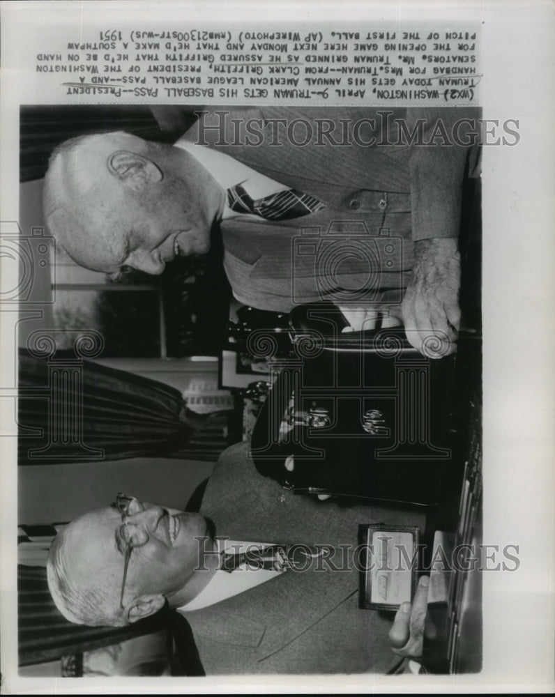 1951 Wire Photo President Truman gets his baseball pass from Clark Griffith - Historic Images