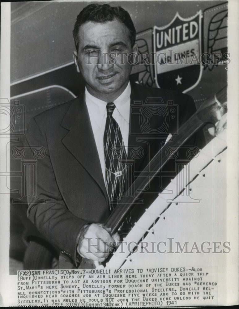 1941 Wire Photo Aldo Donelli arrives to act as adviser for Duquesne University - Historic Images
