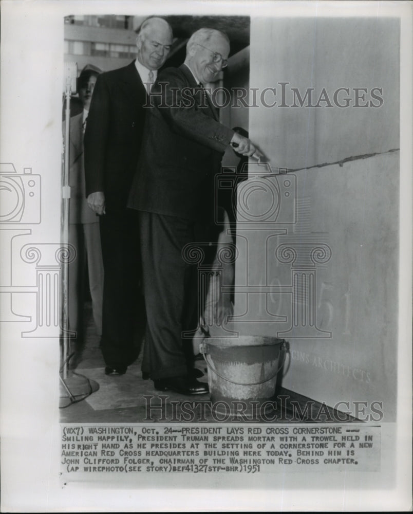 1951 Wire Photo President Truman, lays Red Cross cornerstone with John Folger. - Historic Images