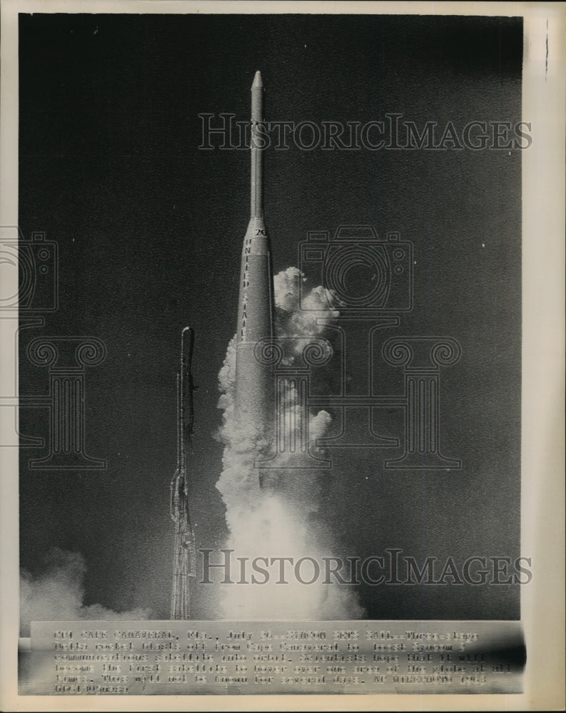 1963 Wire Photo Delta rocket launched to boost Syncom 2 communication satellite - Historic Images