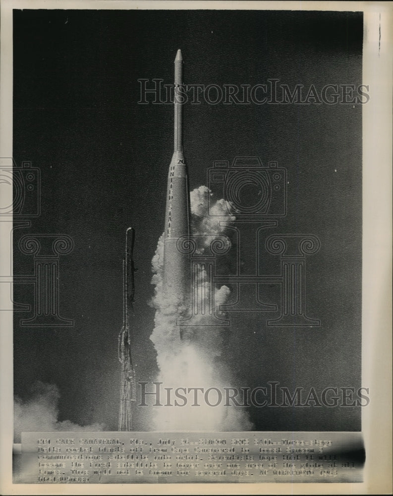 1963 Press Photo Delta rocket launched to boost Syncom 2 communication ...