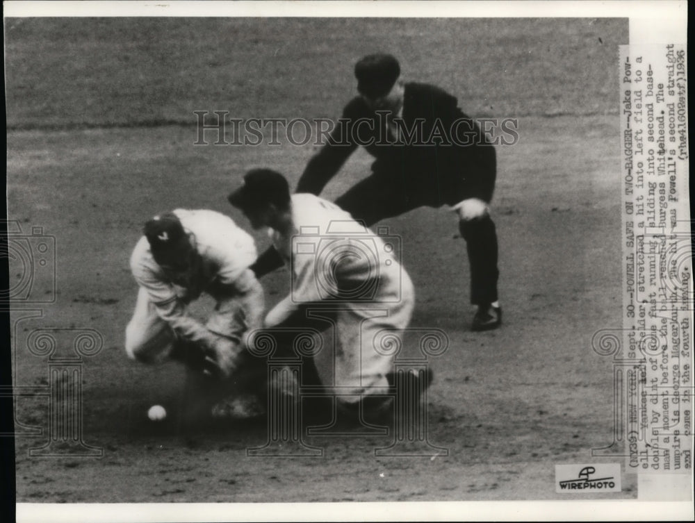 1936 Press Photo Jake Powell of Yankees Safe at Second, Giants Burgess Whitehead - Historic Images
