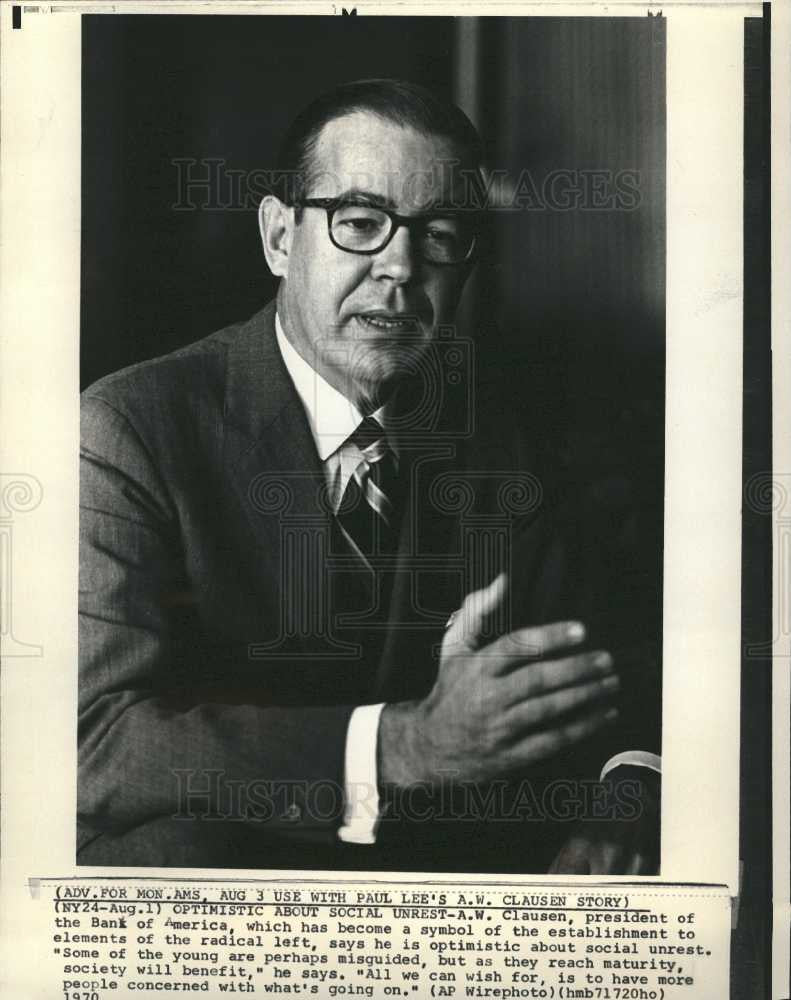 1970 Press Photo A W Clausen, Bank of America - Historic Images