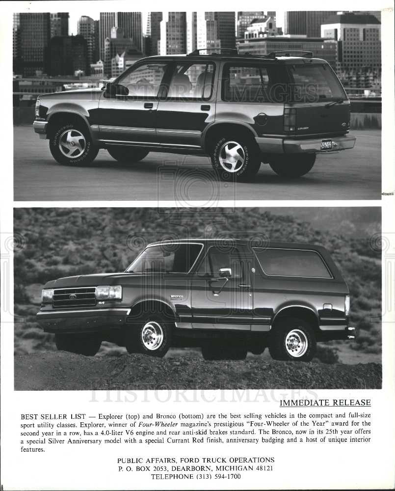1991 Press Photo Ford trucks Explorer Bronco - Historic Images
