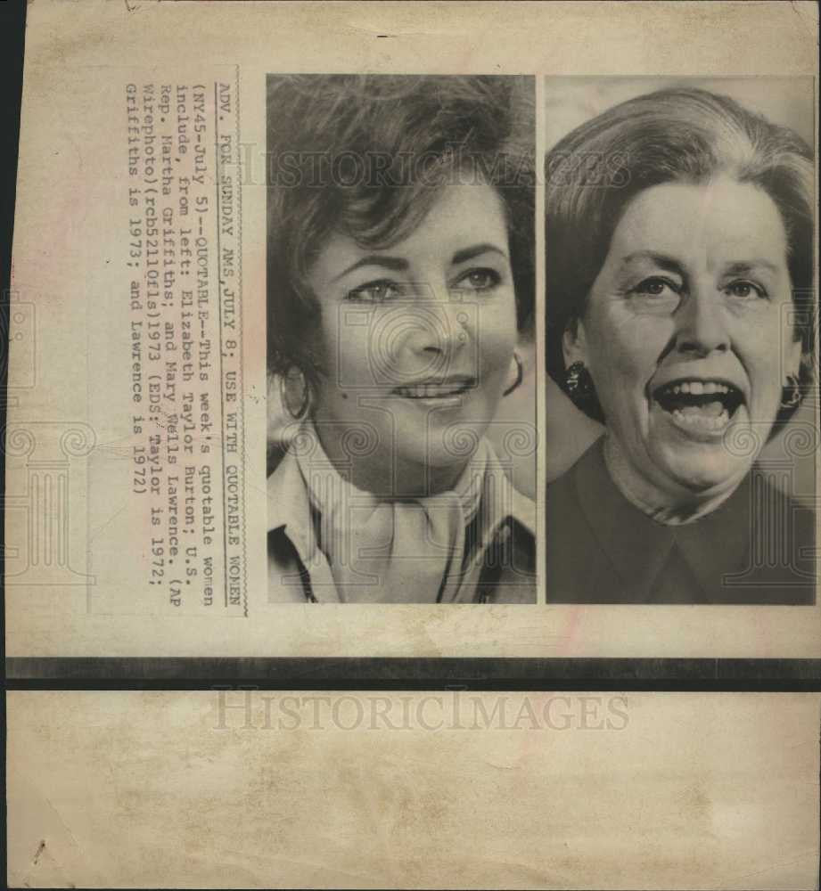 1973 Press Photo Elizabeth Taylor Martha Griffiths - Historic Images