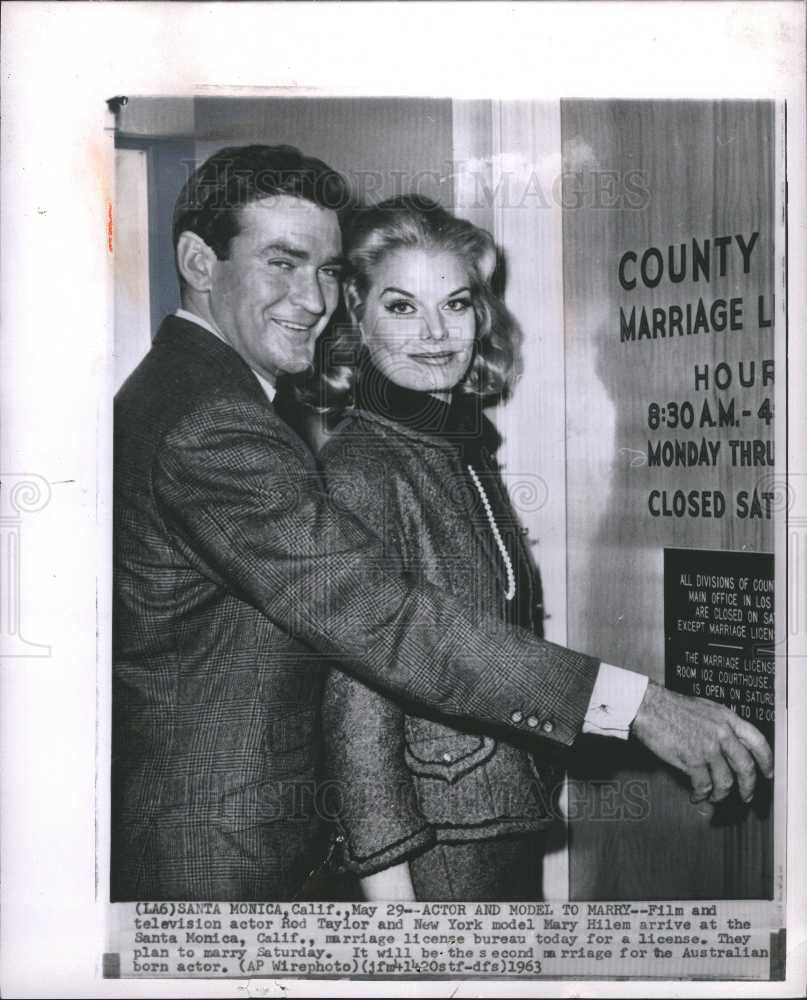 1963 Press Photo actor Rod Taylor model Mary Hilem wed - Historic Images