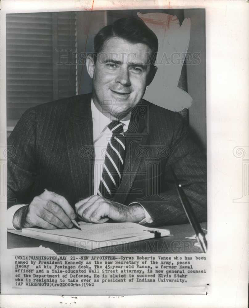 1962 Press Photo Cyrus Roberts Vance Secretary of Army - Historic Images