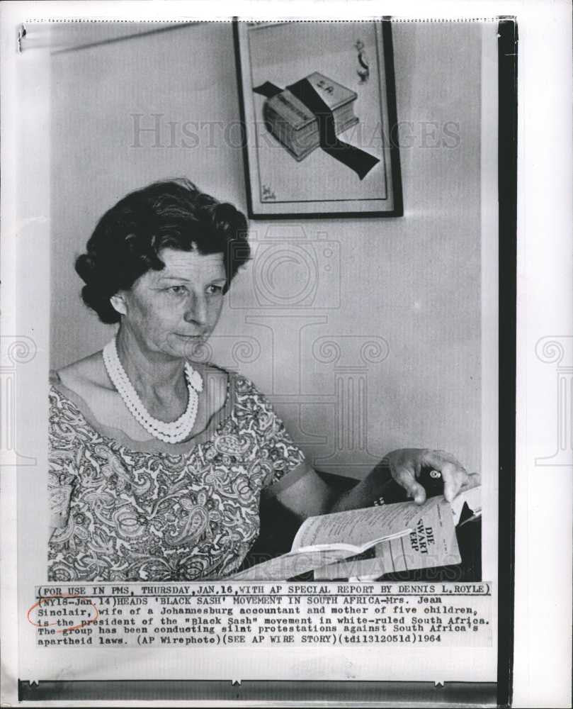 1964 Press Photo Jean Sinclair Black Sash apartheid law - Historic Images