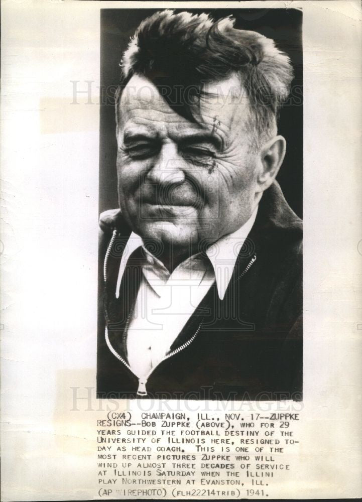 1941 Press Photo Bob Zuppke Illinois football coach - Historic Images