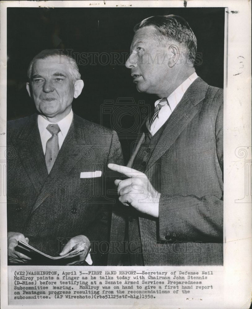 1958 Press Photo John Stennis Neil McElroy Senate - Historic Images