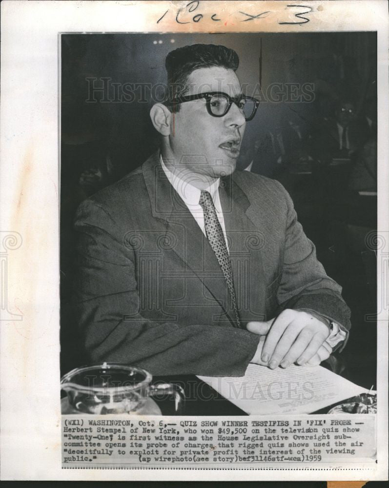 1959 Press Photo Herbert Stempel Quiz Show Fix Congress - Historic Images