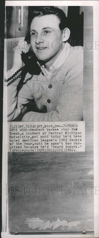 1962 Press Photo Tom Tresh Yankees rookie award - Historic Images