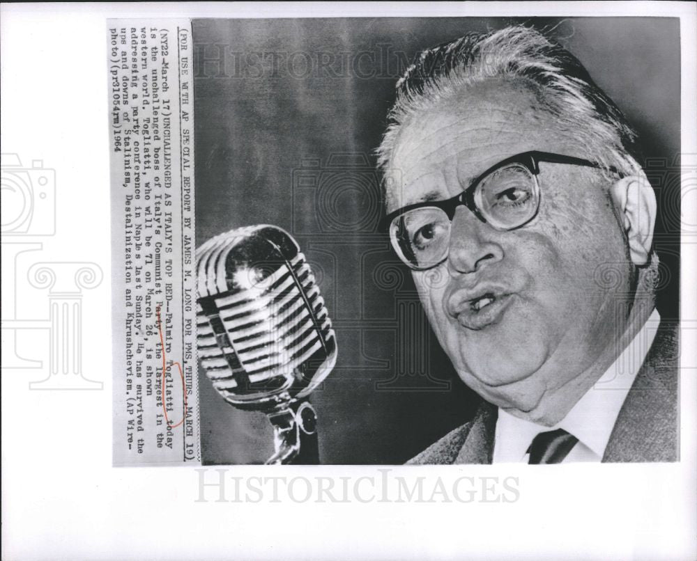 1964 Press Photo Palmiro Togliatti Italian Communist - Historic Images